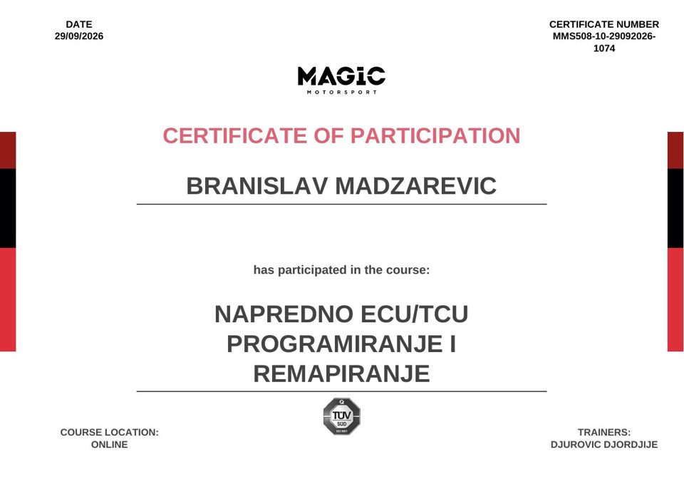 Certifikat: Napredno ECU/TCU programiranje i remapiranje, Magic Motorsport